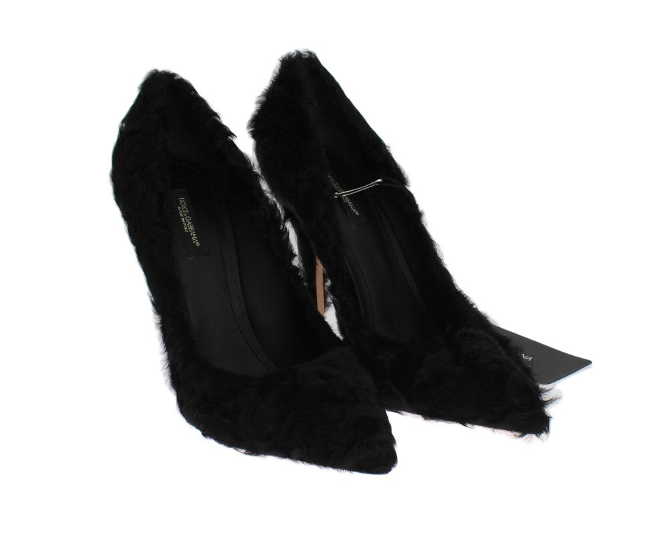 Dolce & Gabbana Black Xiangao Lamb Fur Leather Pumps | Regal Royce