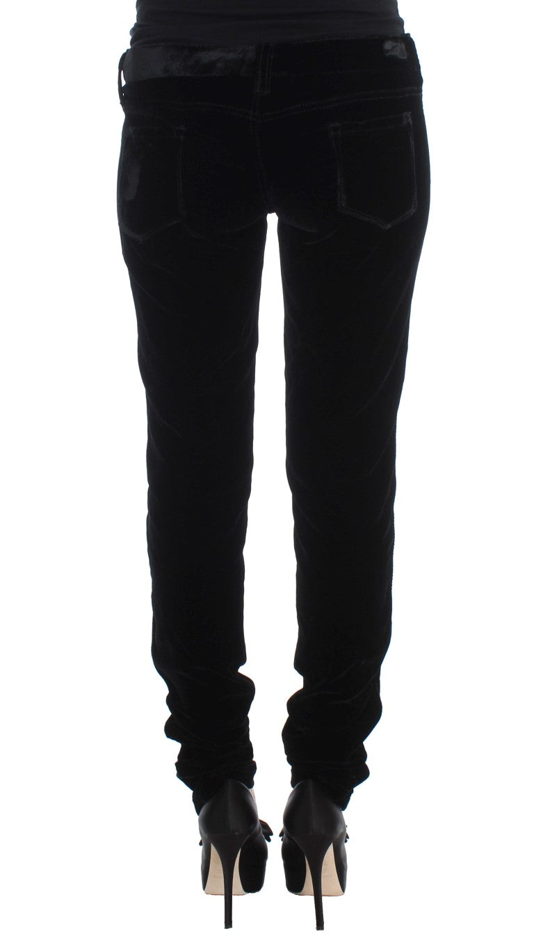 Ermanno Scervino Black Viscose Blend Velvet Slim Fit Pants | Regal Royce