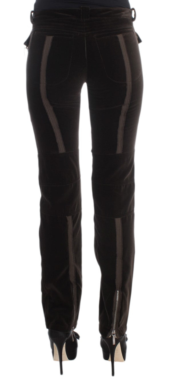 Ermanno Scervino Brown Cotton Velvet Zippers Slim Fit Pants | Regal Royce