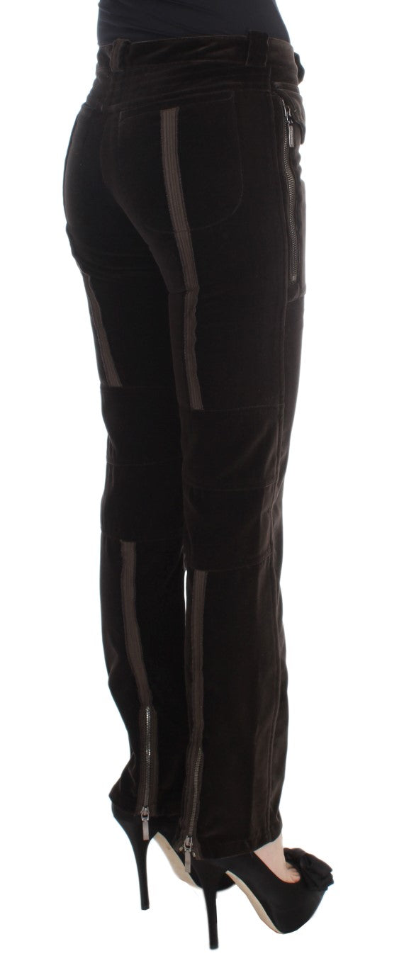Ermanno Scervino Brown Cotton Velvet Zippers Slim Fit Pants | Regal Royce