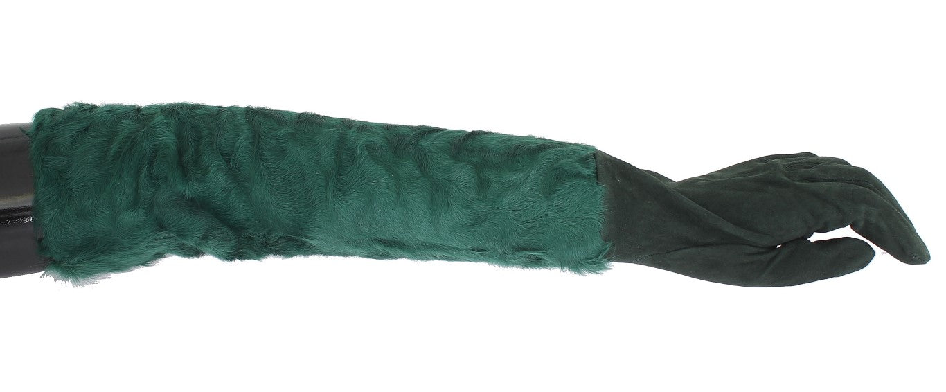Dolce & Gabbana Green Leather Xiangao Fur Elbow Gloves | Regal Royce