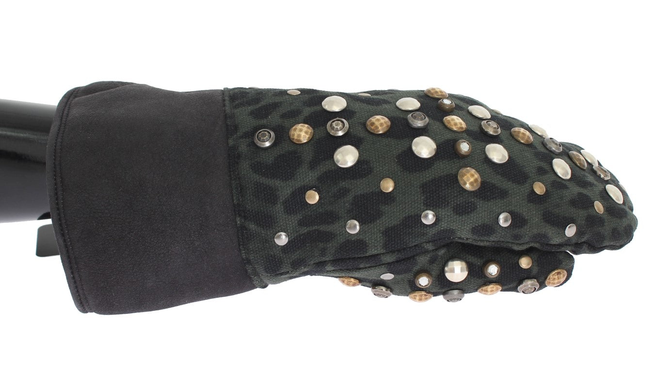 Dolce & Gabbana Gray Wool Shearling Studded Green Leopard Gloves | Regal Royce