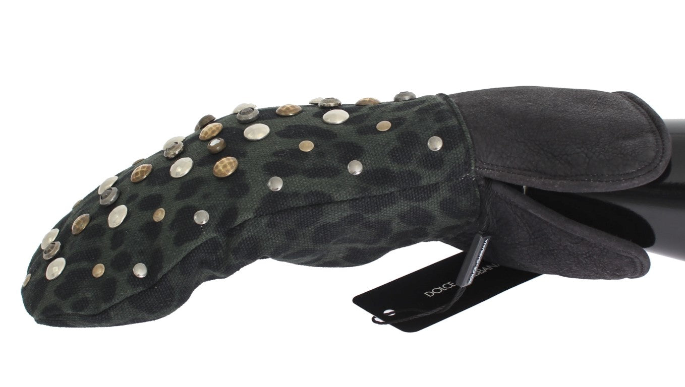 Dolce & Gabbana Gray Wool Shearling Studded Green Leopard Gloves | Regal Royce