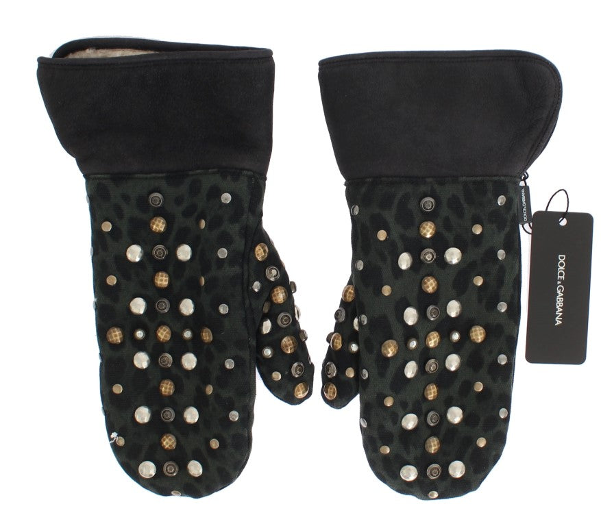 Dolce & Gabbana Gray Wool Shearling Studded Green Leopard Gloves | Regal Royce