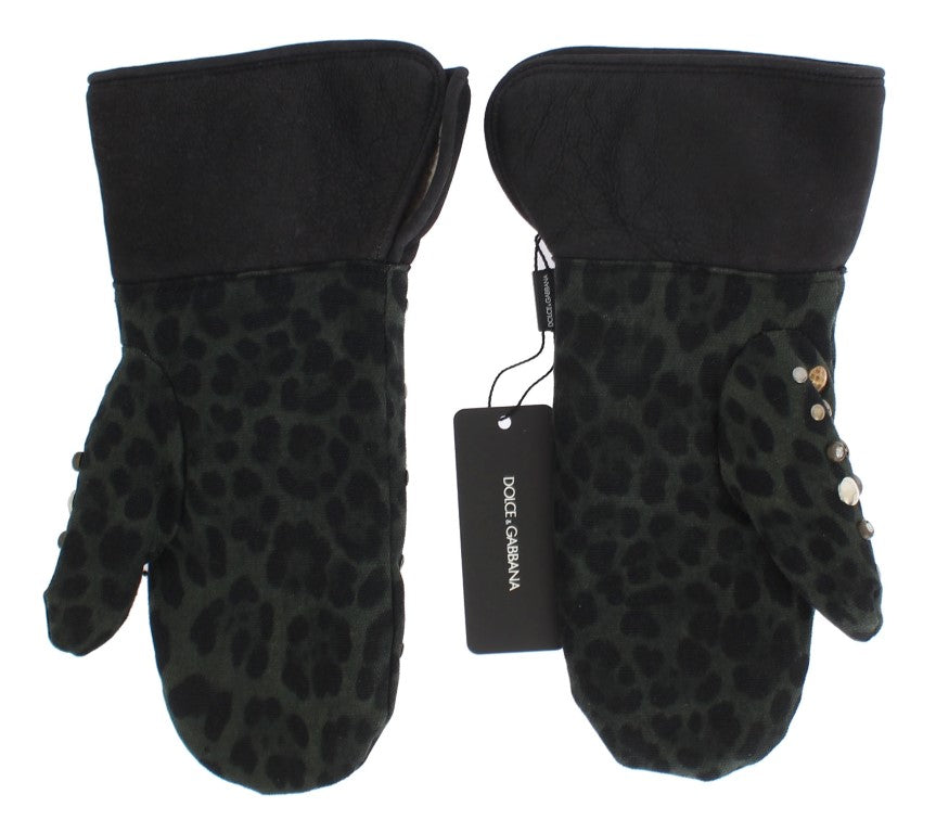 Dolce & Gabbana Gray Wool Shearling Studded Green Leopard Gloves | Regal Royce
