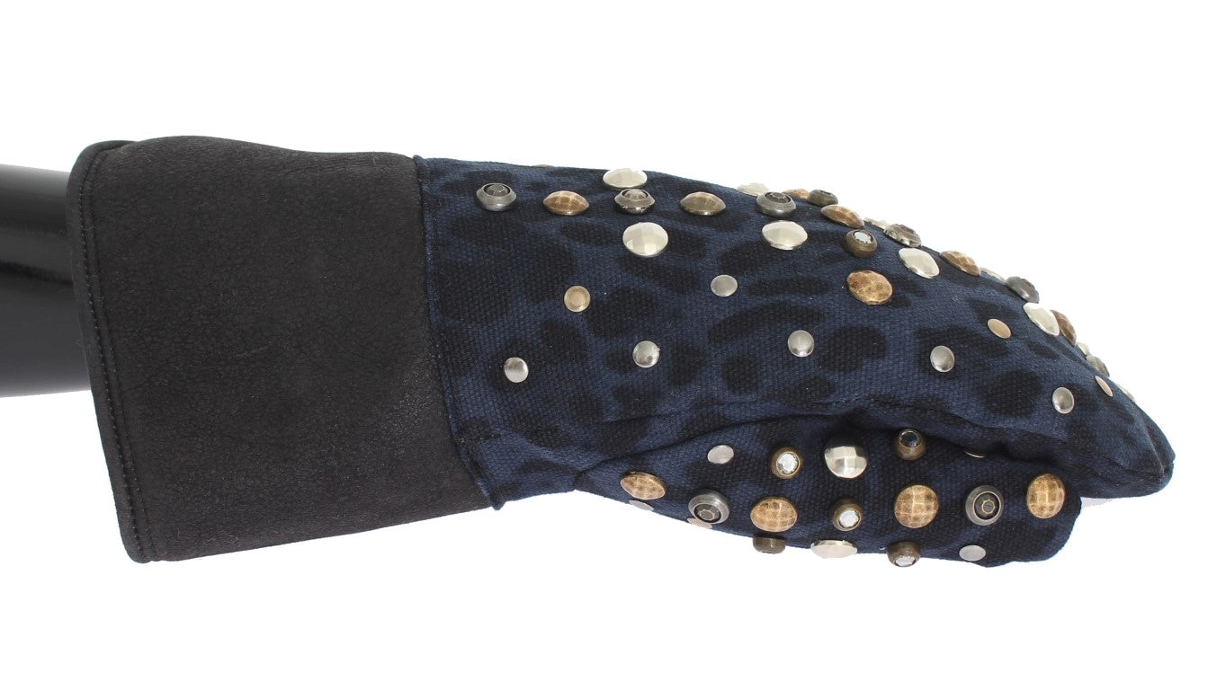 Dolce & Gabbana Gray Wool Shearling Studded Blue Leopard Gloves | Regal Royce