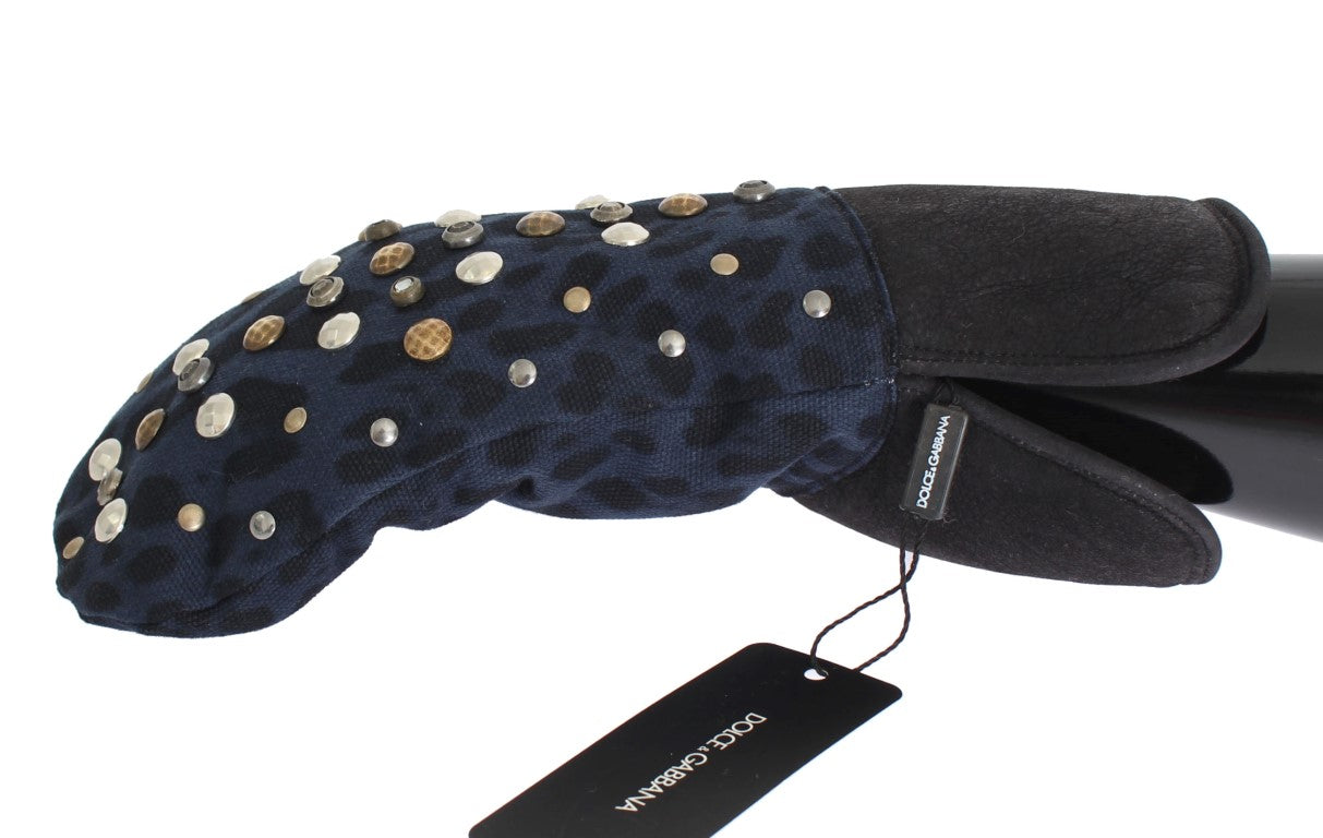 Dolce & Gabbana Gray Wool Shearling Studded Blue Leopard Gloves | Regal Royce