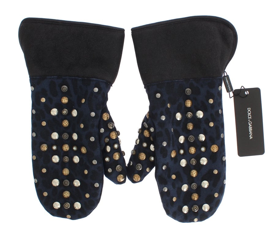 Dolce & Gabbana Gray Wool Shearling Studded Blue Leopard Gloves | Regal Royce