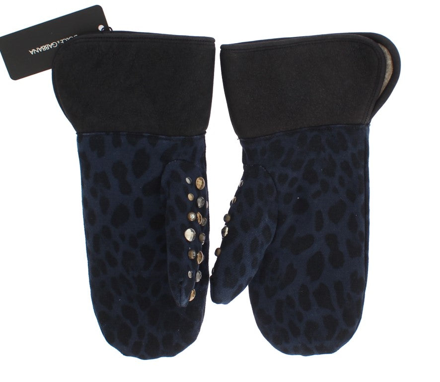 Dolce & Gabbana Gray Wool Shearling Studded Blue Leopard Gloves | Regal Royce