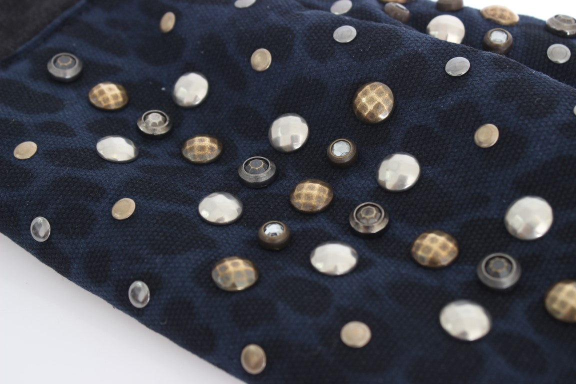 Dolce & Gabbana Gray Wool Shearling Studded Blue Leopard Gloves | Regal Royce