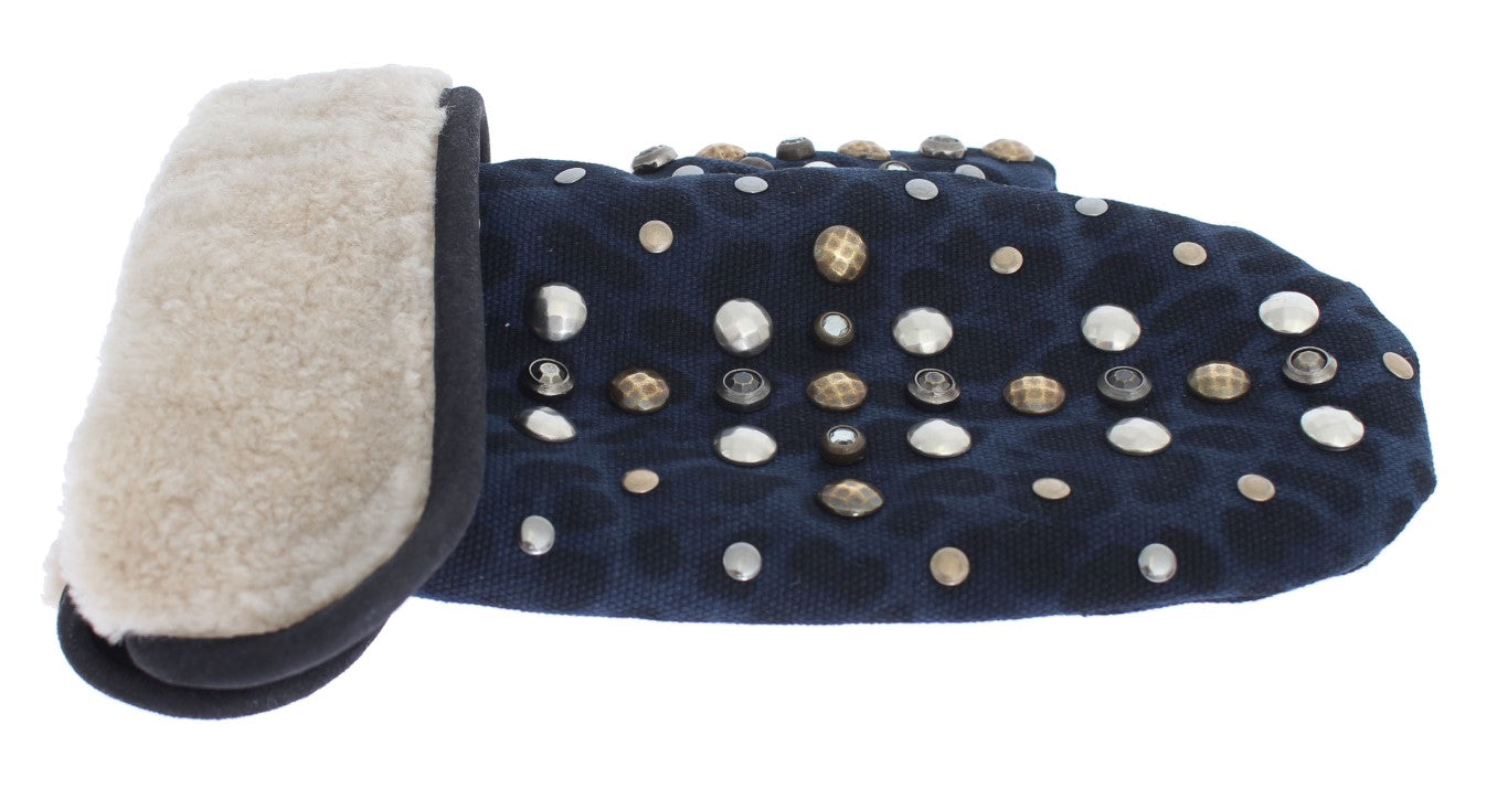 Dolce & Gabbana Gray Wool Shearling Studded Blue Leopard Gloves | Regal Royce