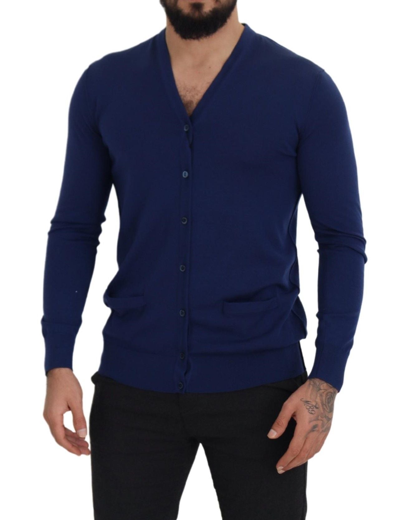Dolce & Gabbana Blue Wool V-neck Button Down Cardigan Sweater | Regal Royce
