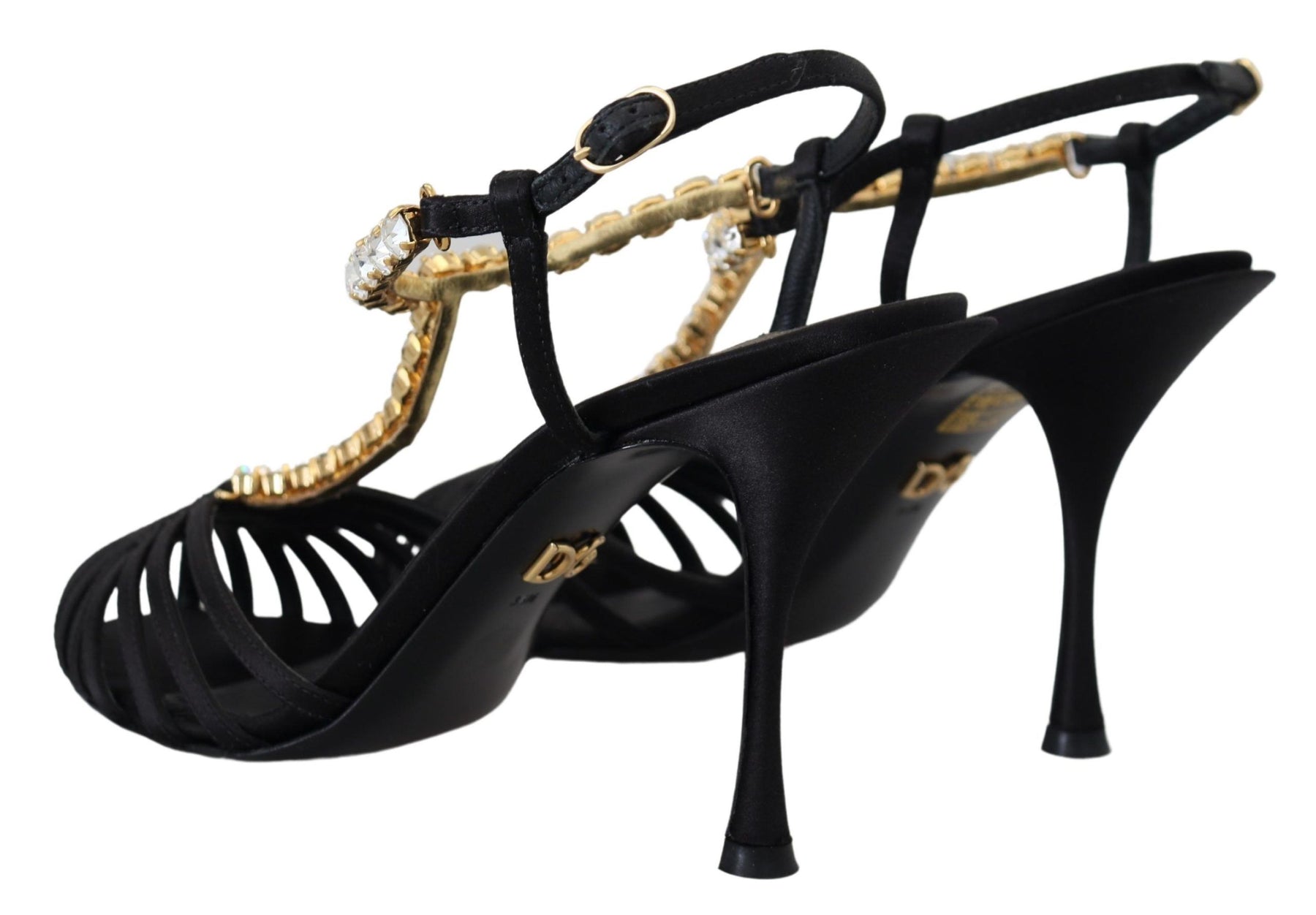 Dolce & Gabbana Black Satin Clear Crystal T-strap Sandal Shoes | Regal Royce
