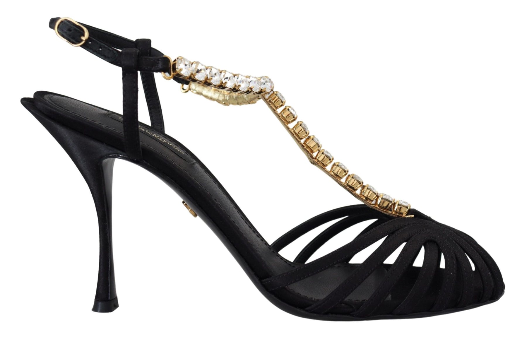 Dolce & Gabbana Black Satin Clear Crystal T-strap Sandal Shoes | Regal Royce