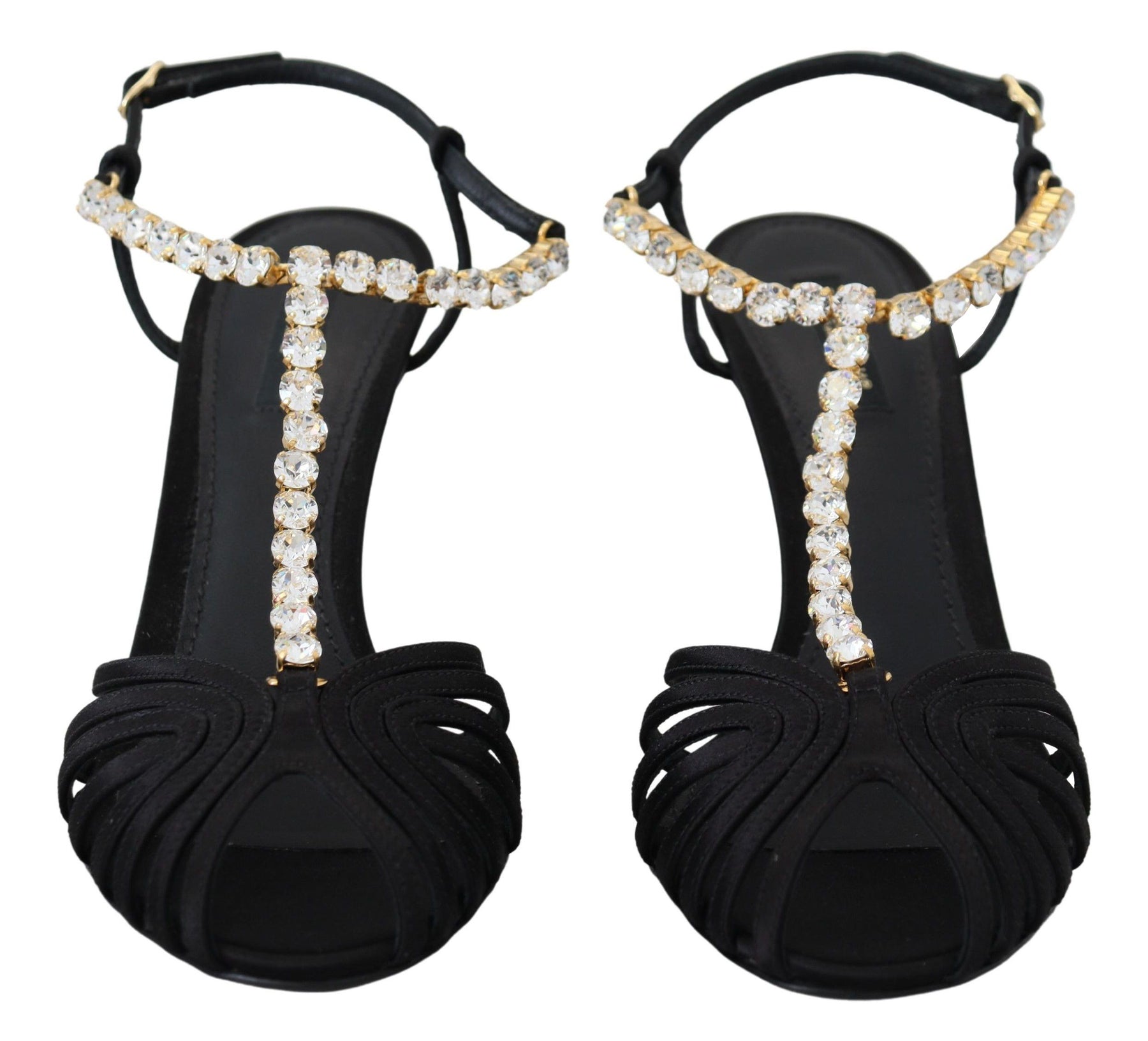 Dolce & Gabbana Black Satin Clear Crystal T-strap Sandal Shoes | Regal Royce