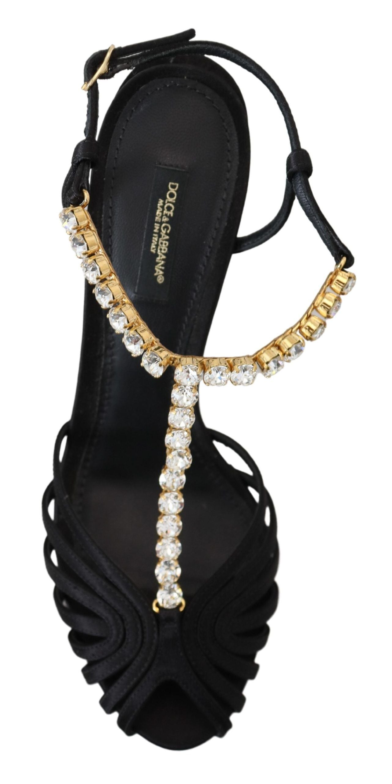 Dolce & Gabbana Black Satin Clear Crystal T-strap Sandal Shoes | Regal Royce