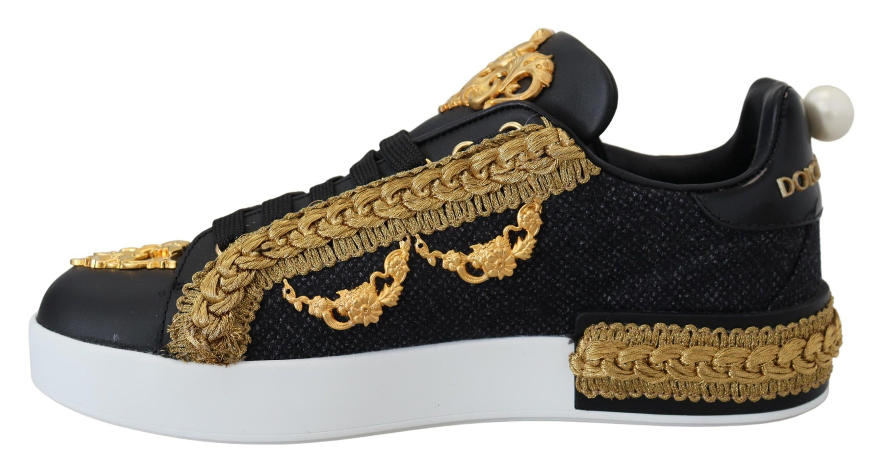 Dolce & Gabbana Black Gold Baroque Portofino Leather Sneakers Shoes | Regal Royce