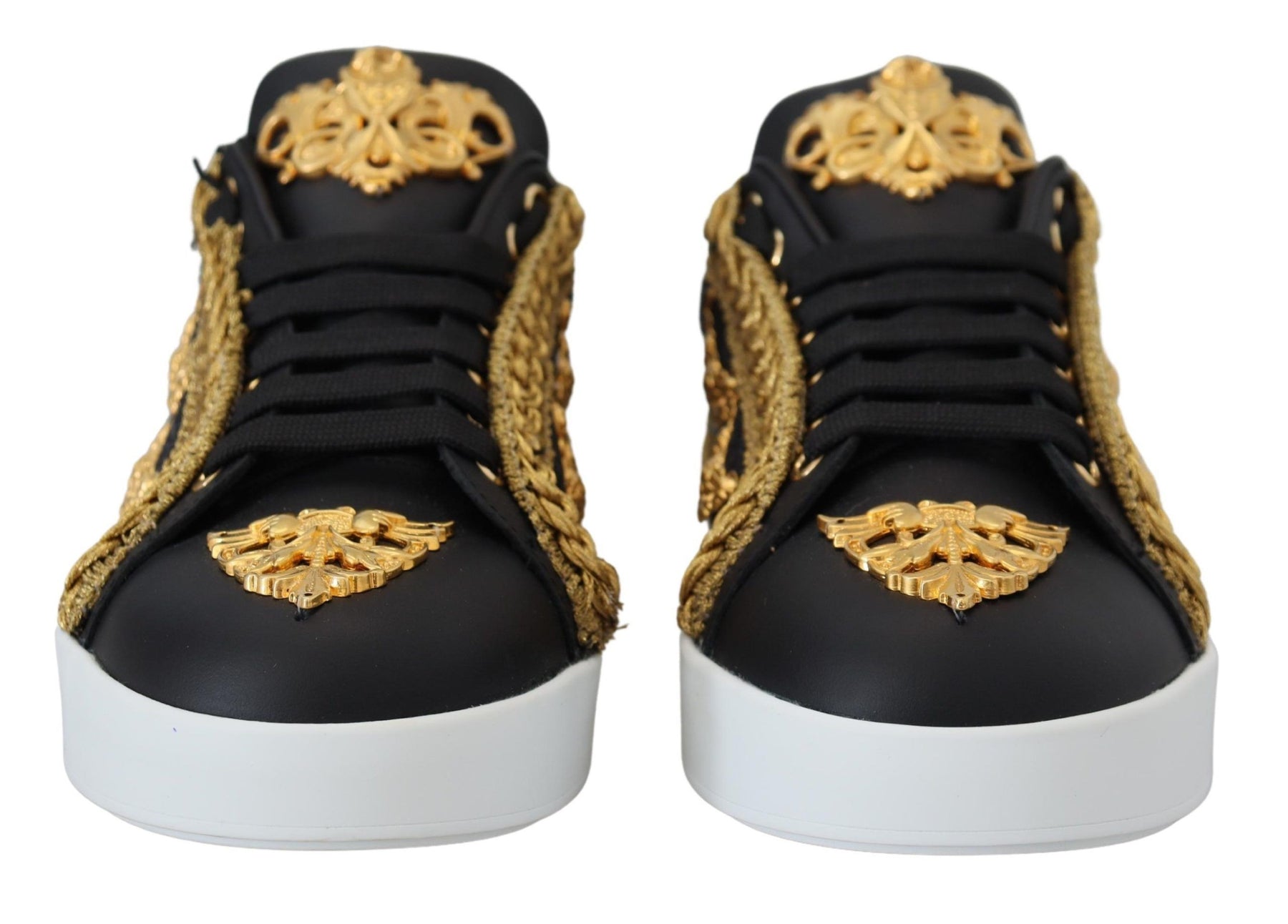 Dolce & Gabbana Black Gold Baroque Portofino Leather Sneakers Shoes | Regal Royce