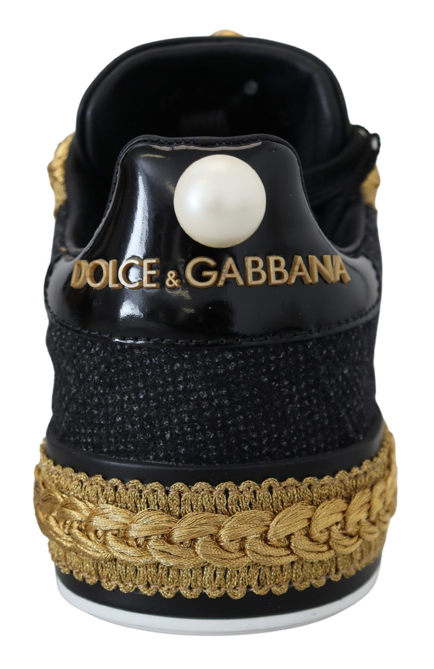 Dolce & Gabbana Black Gold Baroque Portofino Leather Sneakers Shoes | Regal Royce