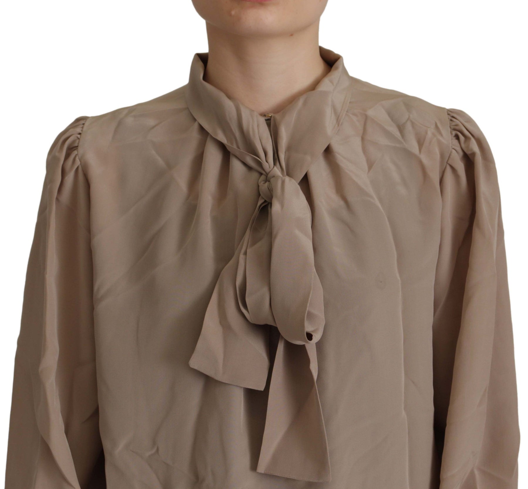 Dolce & Gabbana Brown Waistband Sleeves Ascot Collar Top Blouse | Regal Royce