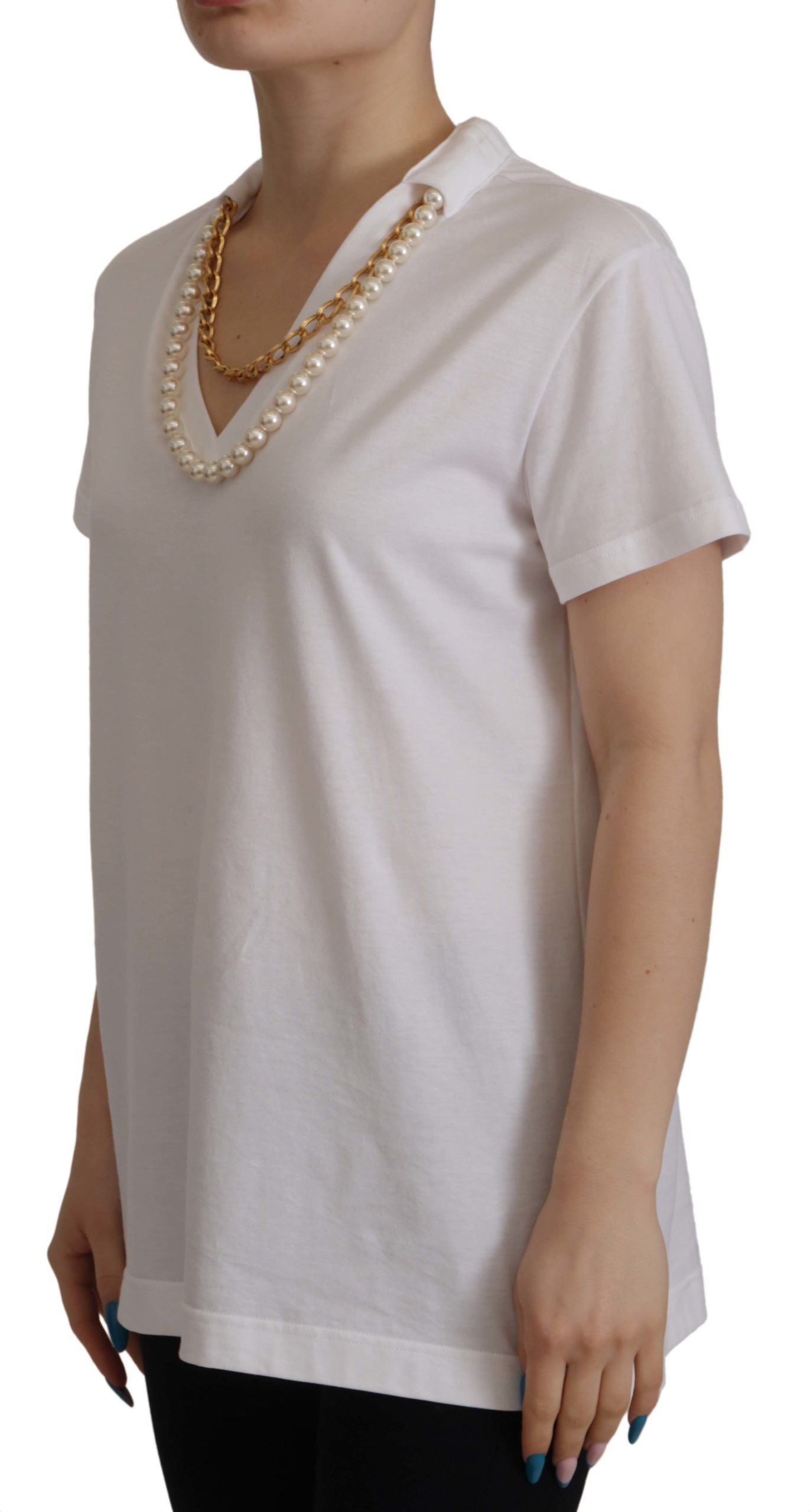 Dolce & Gabbana White Necklace Embellished Neckline T-shirt Top | Regal Royce