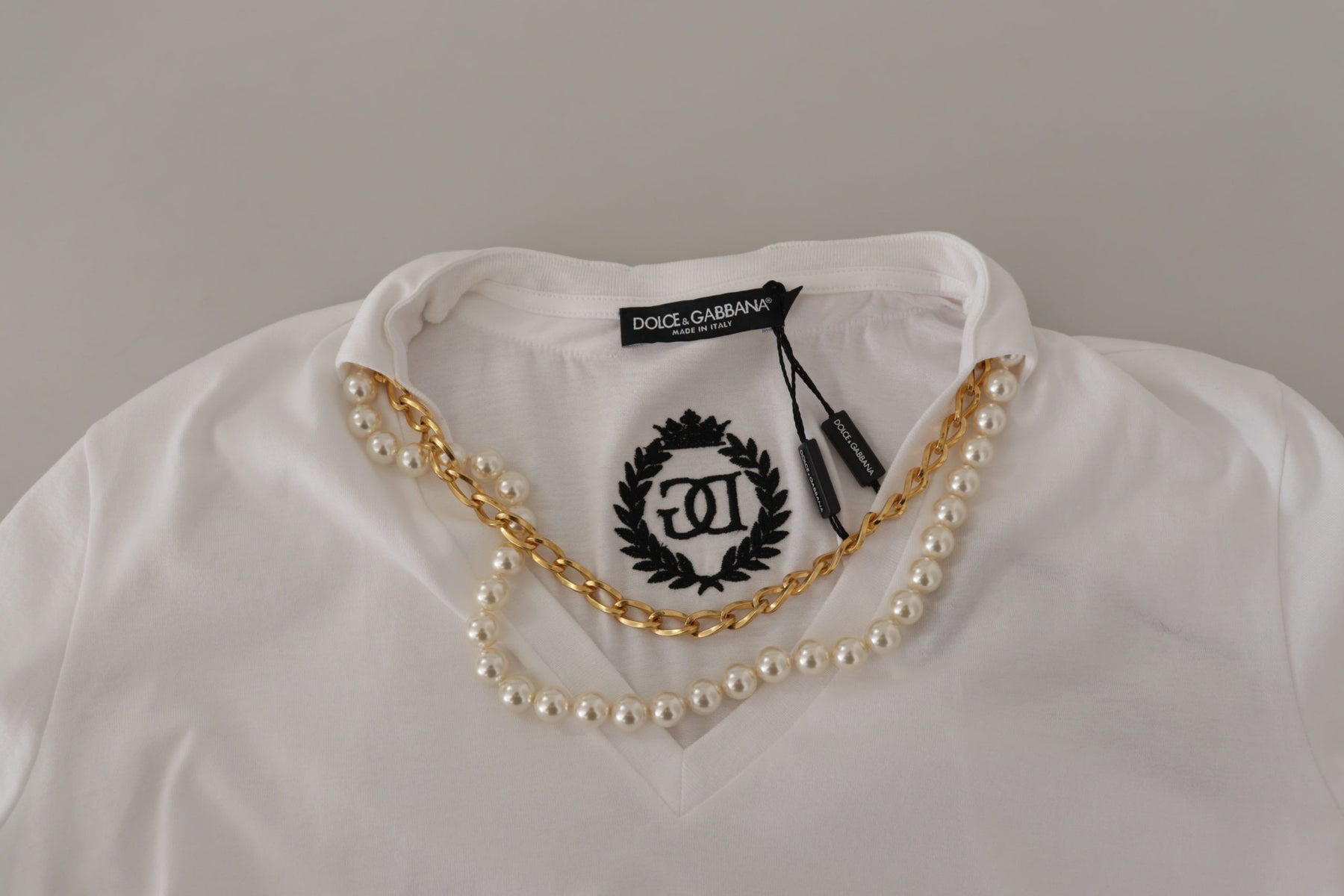 Dolce & Gabbana White Necklace Embellished Neckline T-shirt Top | Regal Royce