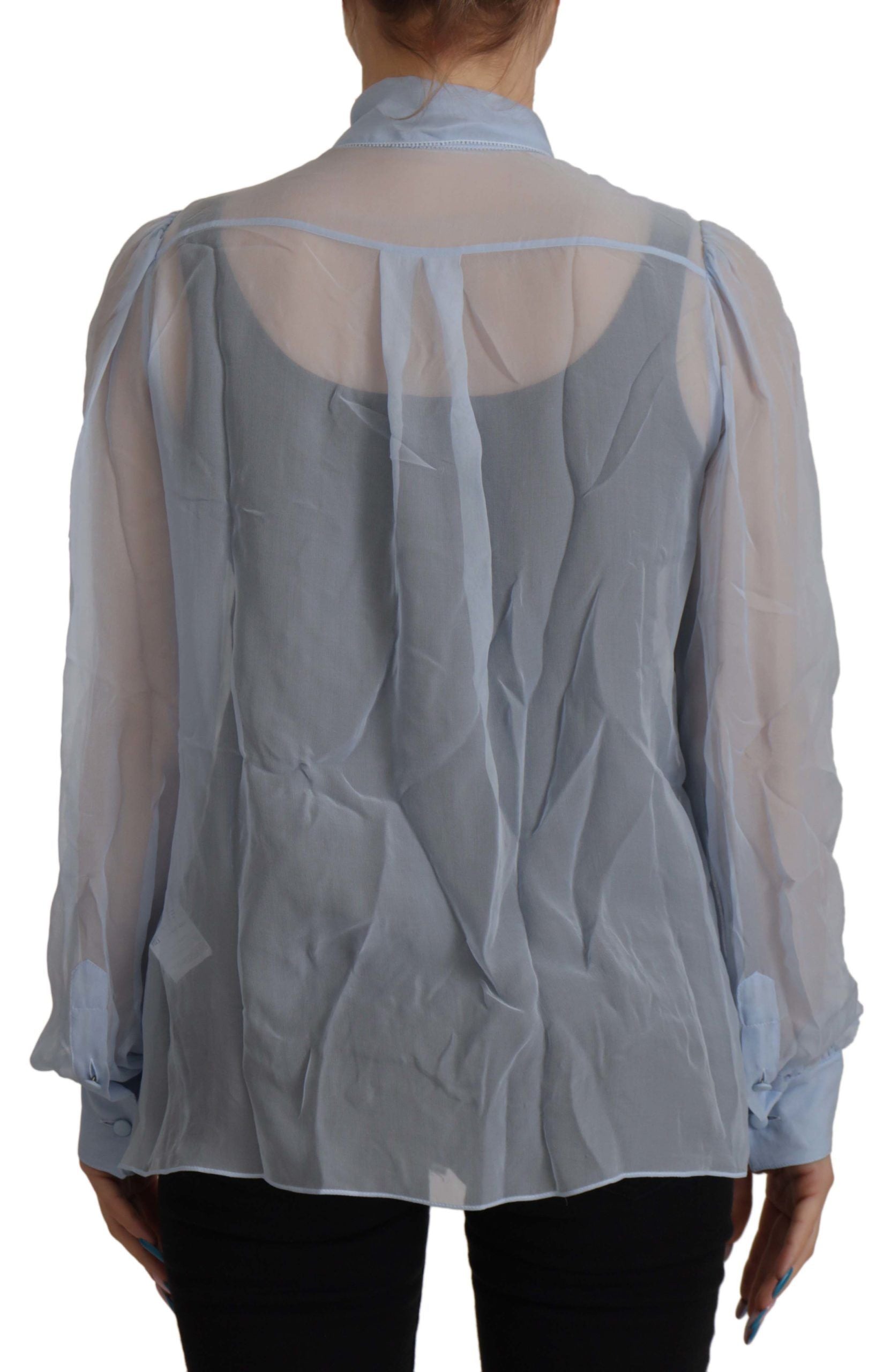 Dolce & Gabbana Light Blue Silk Ascot Collar Long Sleeves Top | Regal Royce