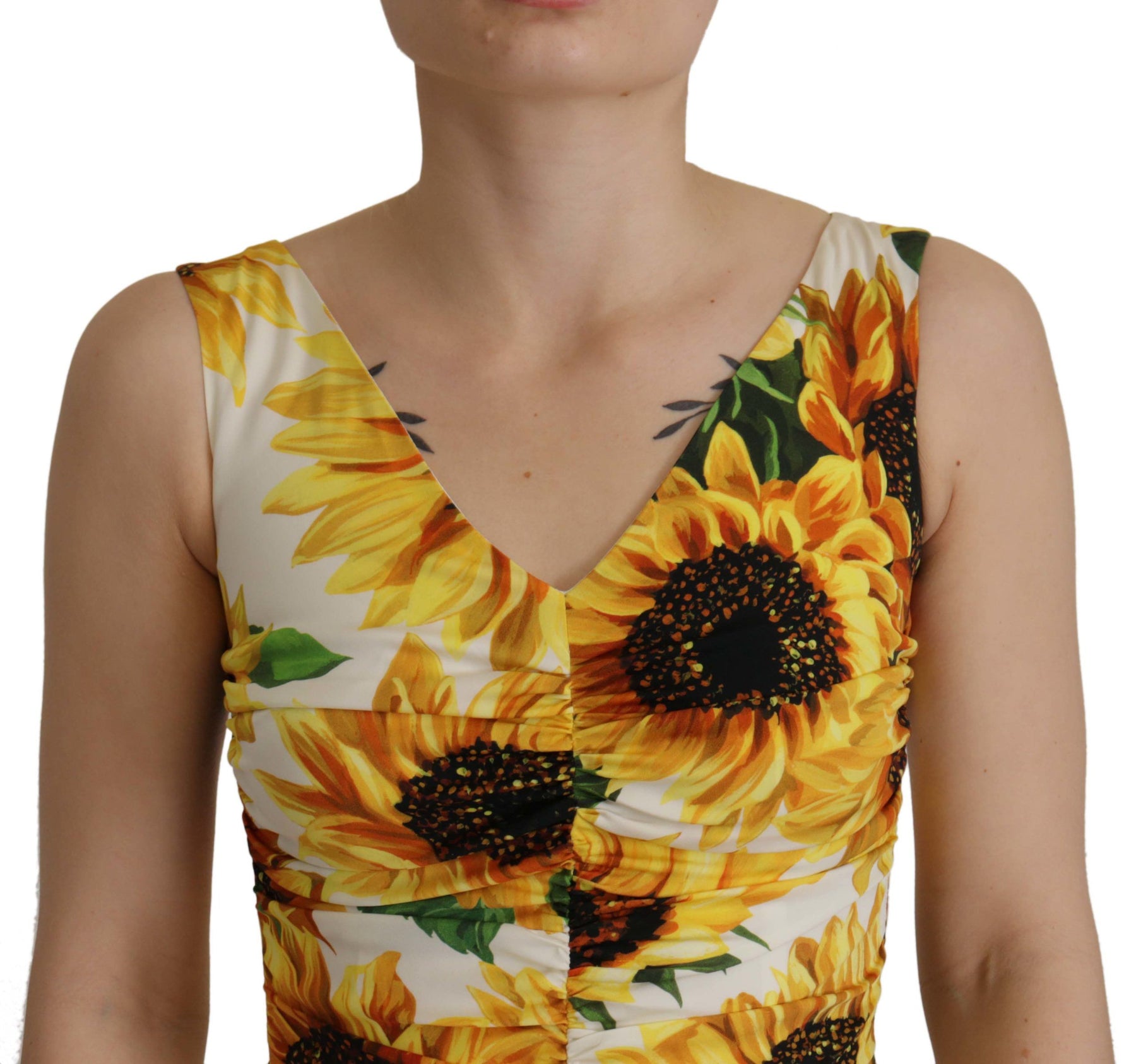 Dolce & Gabbana White Sunflower Print Sheath Midi Silk | Regal Royce