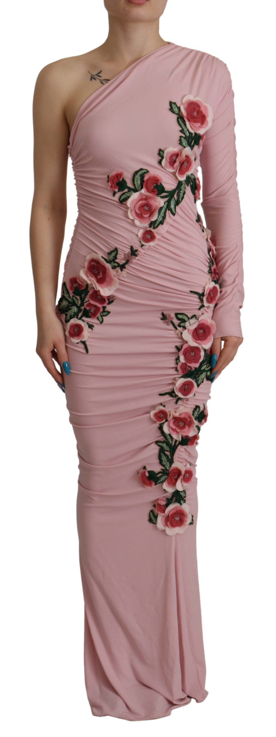 Dolce & Gabbana Pink Flower Embellished One Shoulder Dress | Regal Royce