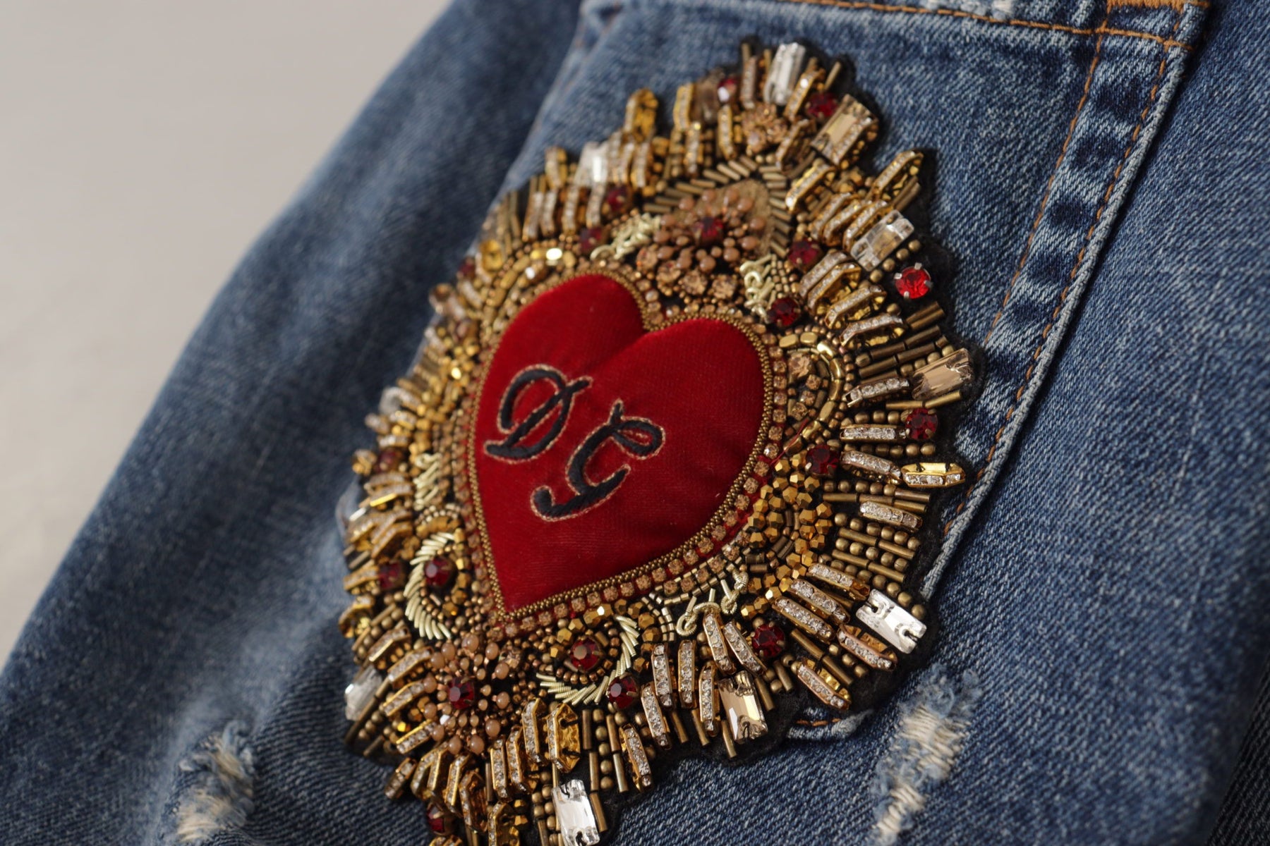 Dolce & Gabbana Blue Denim Baroque Heart Logo Patch Pants Jeans | Regal Royce