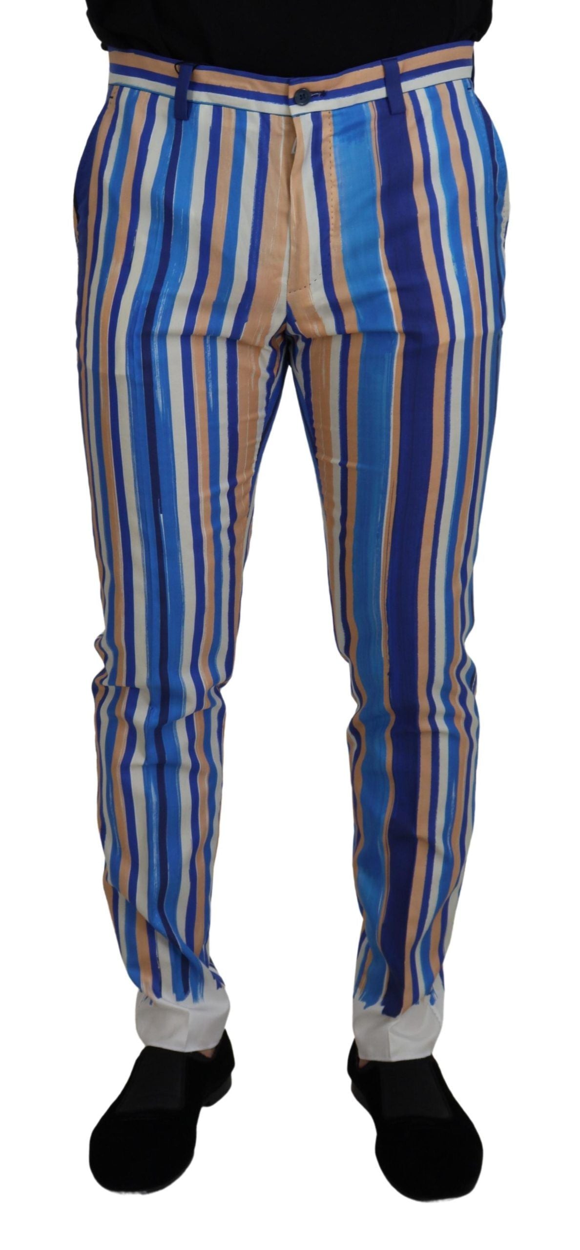 Dolce & Gabbana Blue Striped Silk Cotton Slim Trousers Pants | Regal Royce