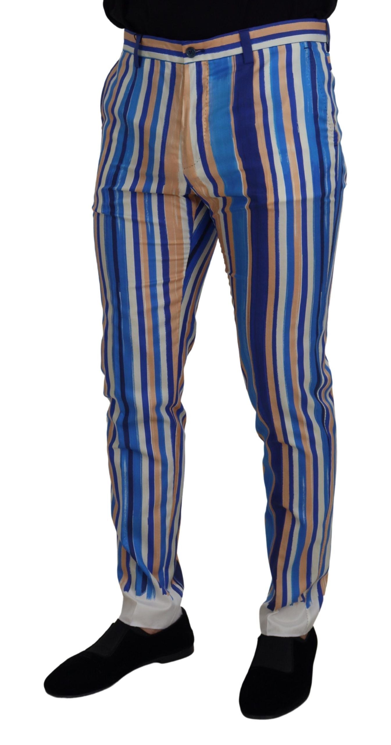 Dolce & Gabbana Blue Striped Silk Cotton Slim Trousers Pants | Regal Royce