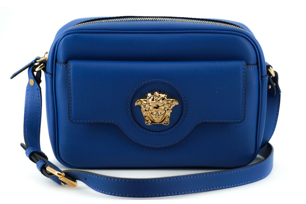 Versace Blue Calf Leather Camera Shoulder Bag | Regal Royce