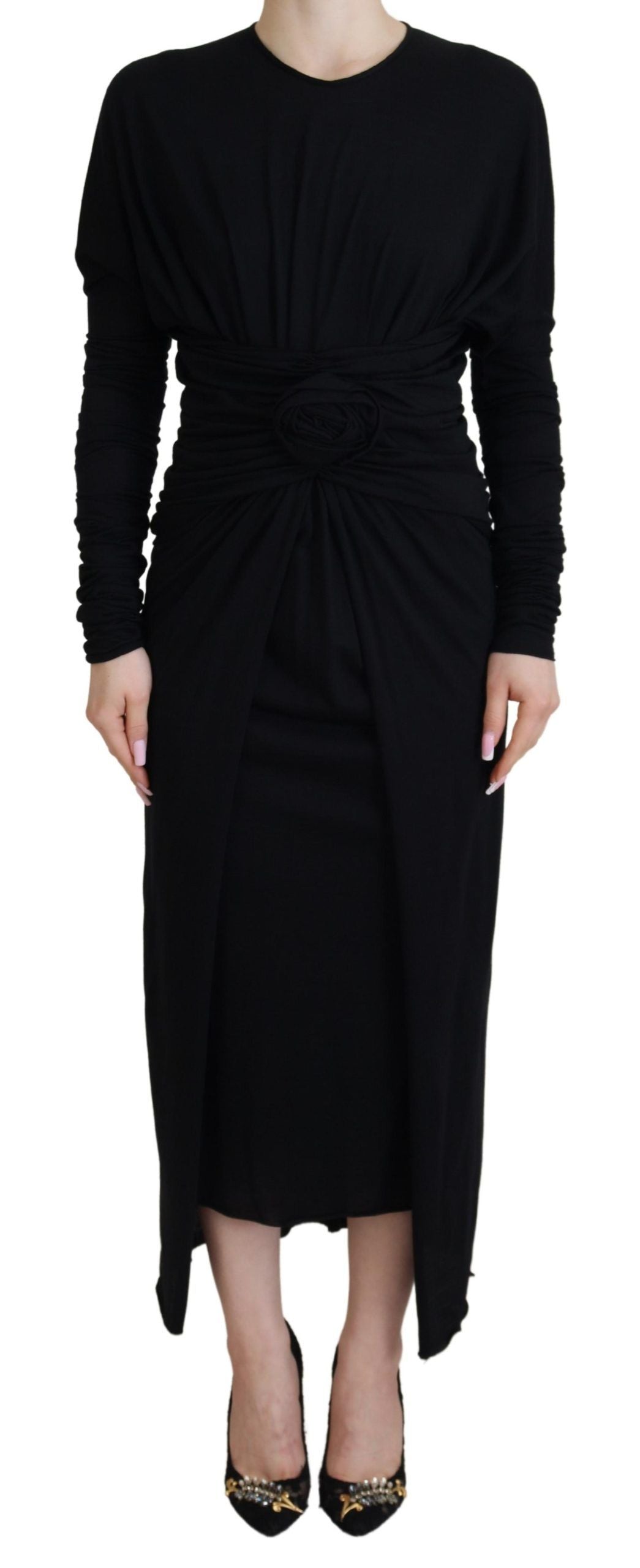 Dolce & Gabbana Black Sheath Midi Gown Wool Wrap Dress | Regal Royce