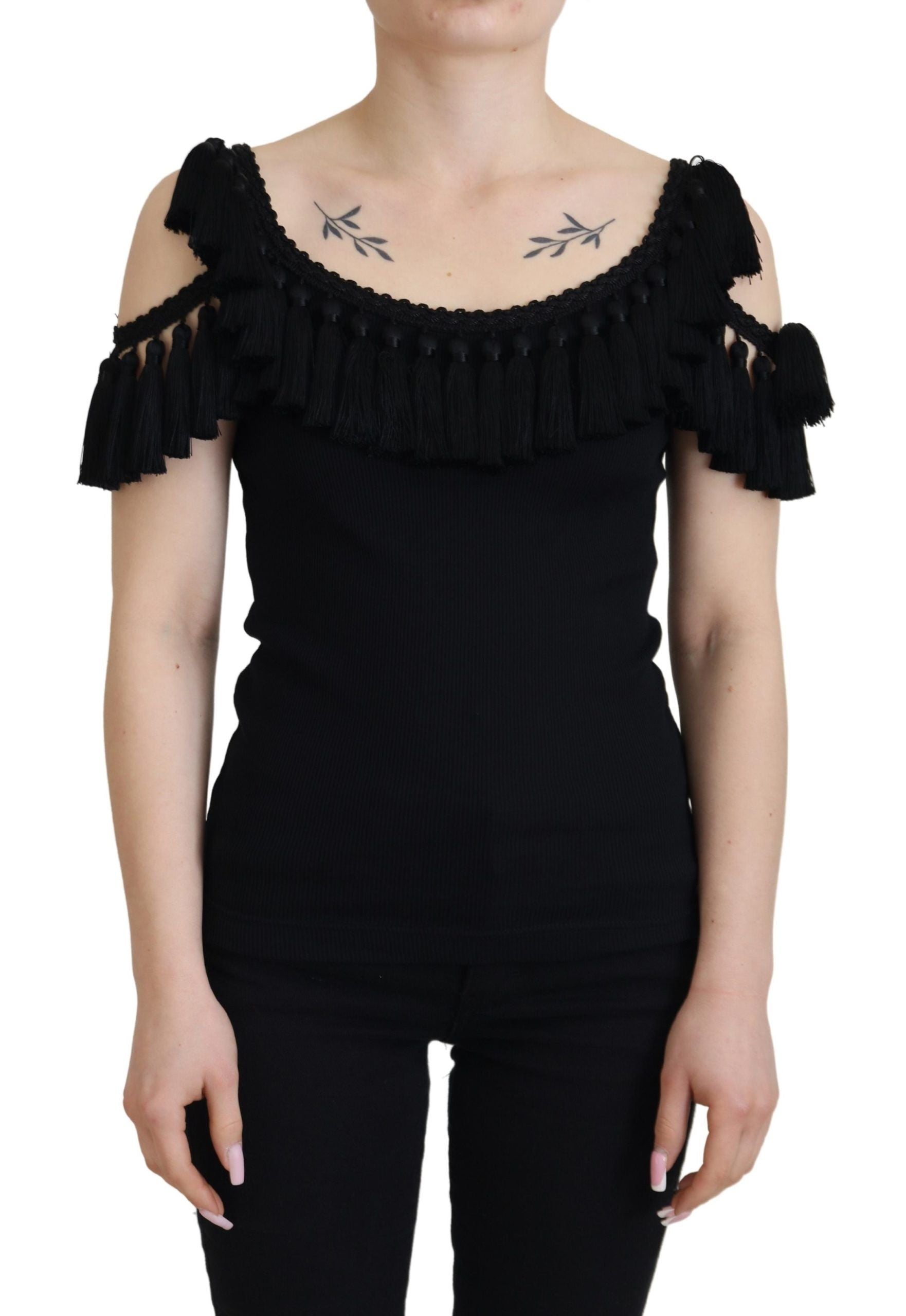 Dolce & Gabbana Black Tank Top Blouse Tassle Cotton Blouse | Regal Royce