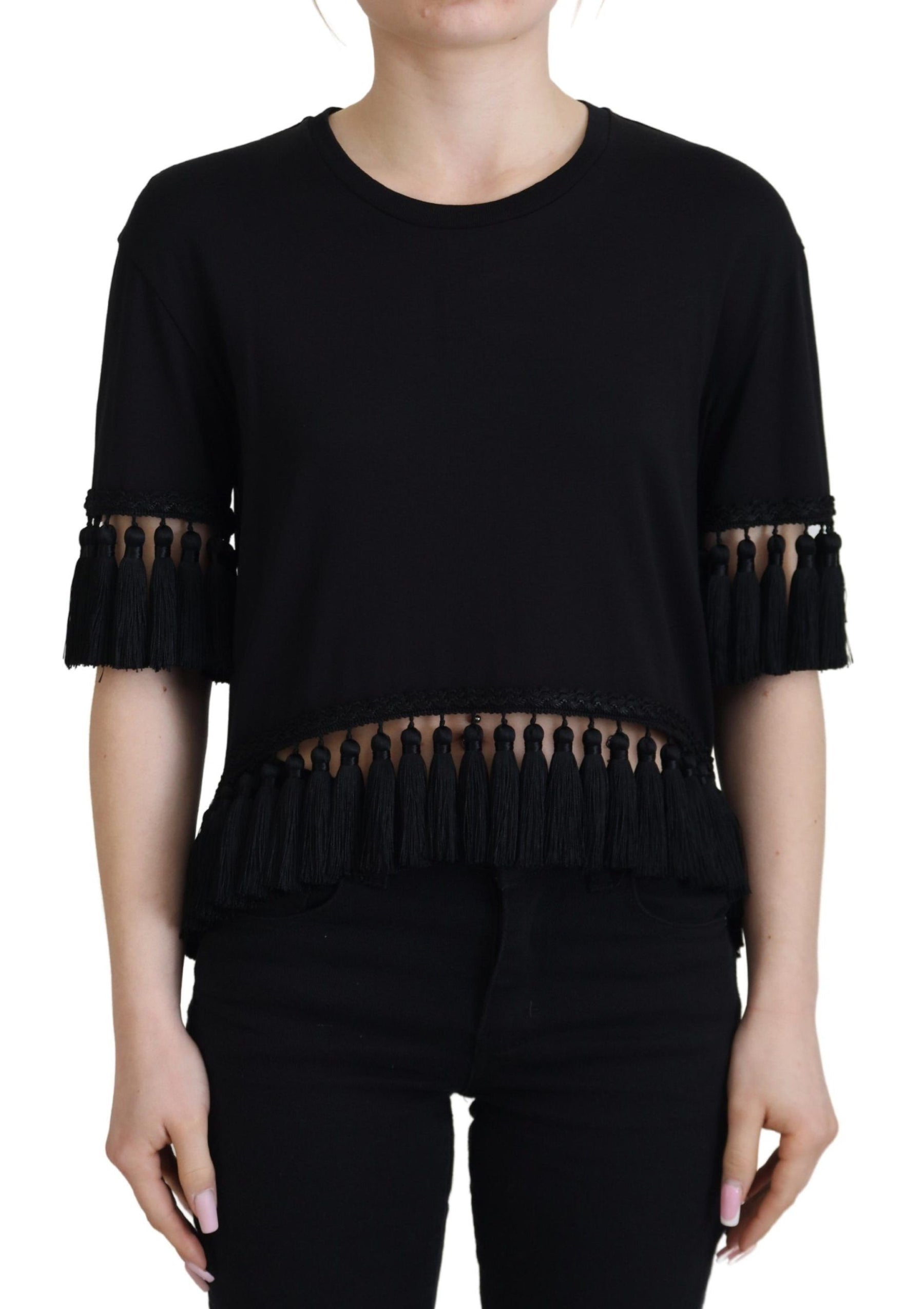 Dolce & Gabbana Black T-shirt Blouse Tassle Cotton Blouse | Regal Royce
