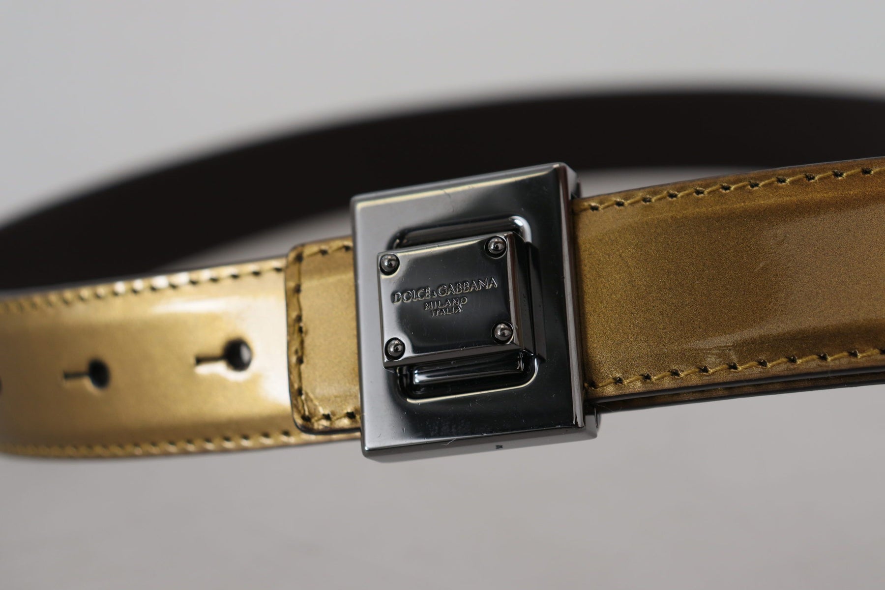 Dolce & Gabbana Gold Leather Silver Square Metal Buckle Belt | Regal Royce
