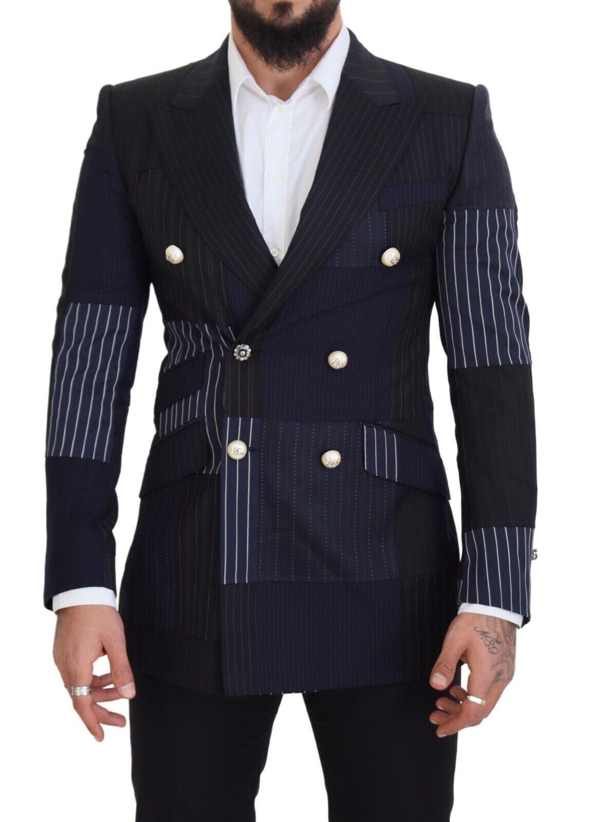 Dolce & Gabbana Blue Wool Patchwork Double Breasted Blazer | Regal Royce
