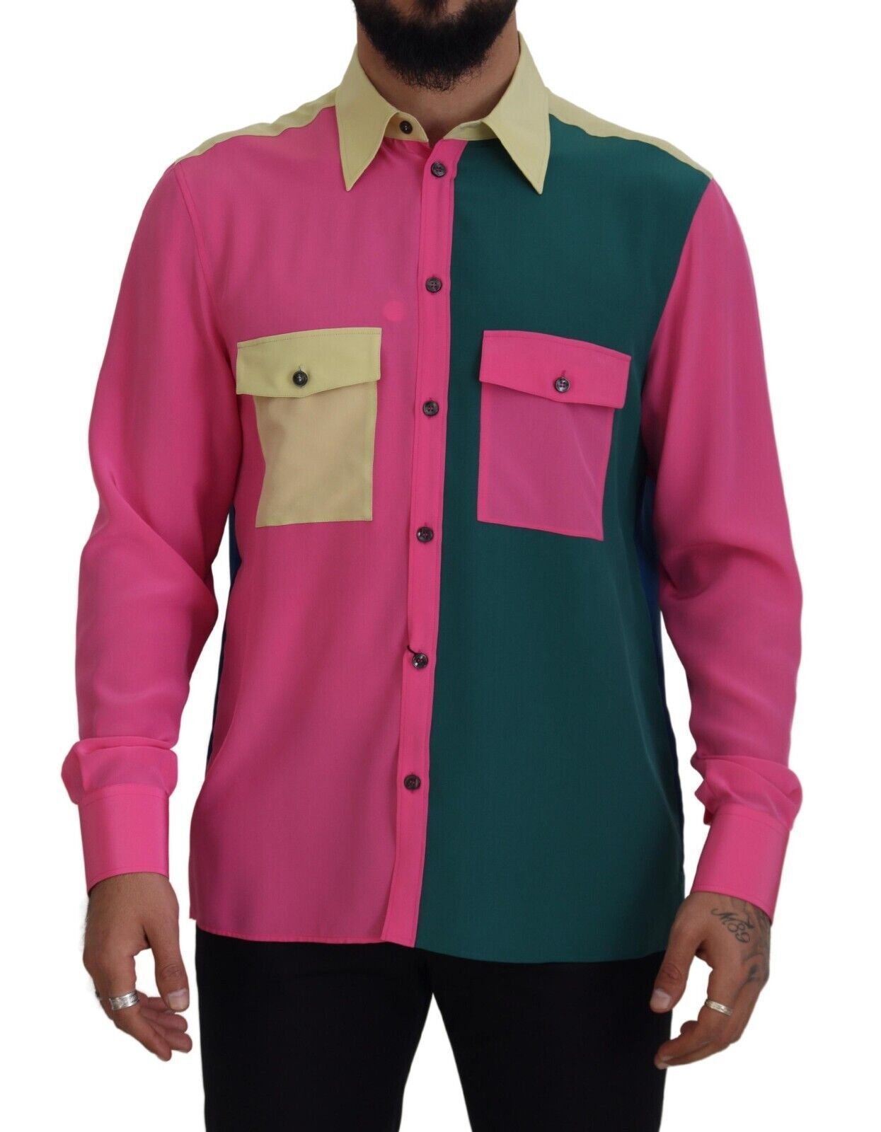 Dolce & Gabbana Multicolor Patchwork Silk Button Down Shirt | Regal Royce