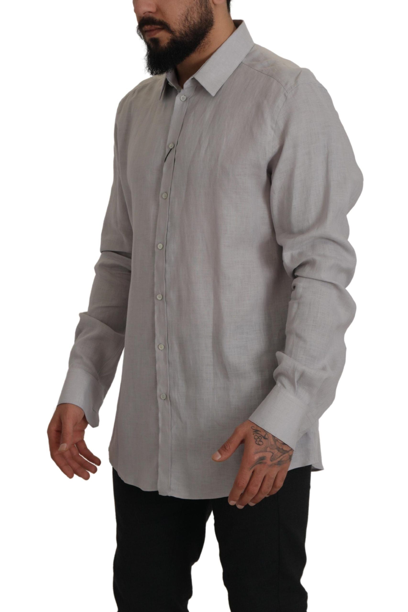 Dolce & Gabbana Gray Linen Long Sleeves Formal GOLD Shirt | Regal Royce