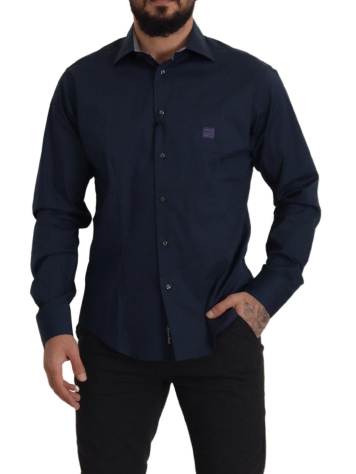 Roberto Cavalli Navy Blue Cotton Dress Formal Shirt | Regal Royce