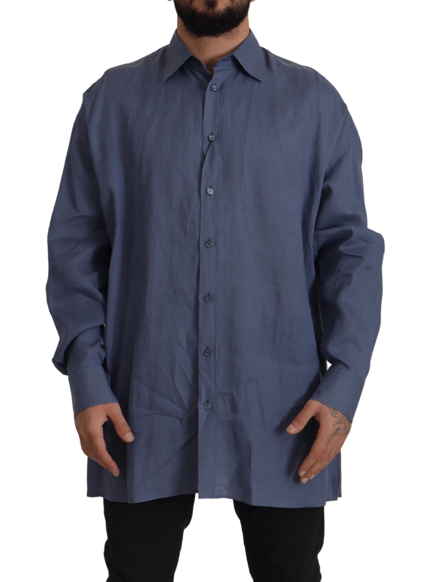 Dolce & Gabbana Dark Blue Linen Slim Fit Dress Formal Men Shirt | Regal Royce