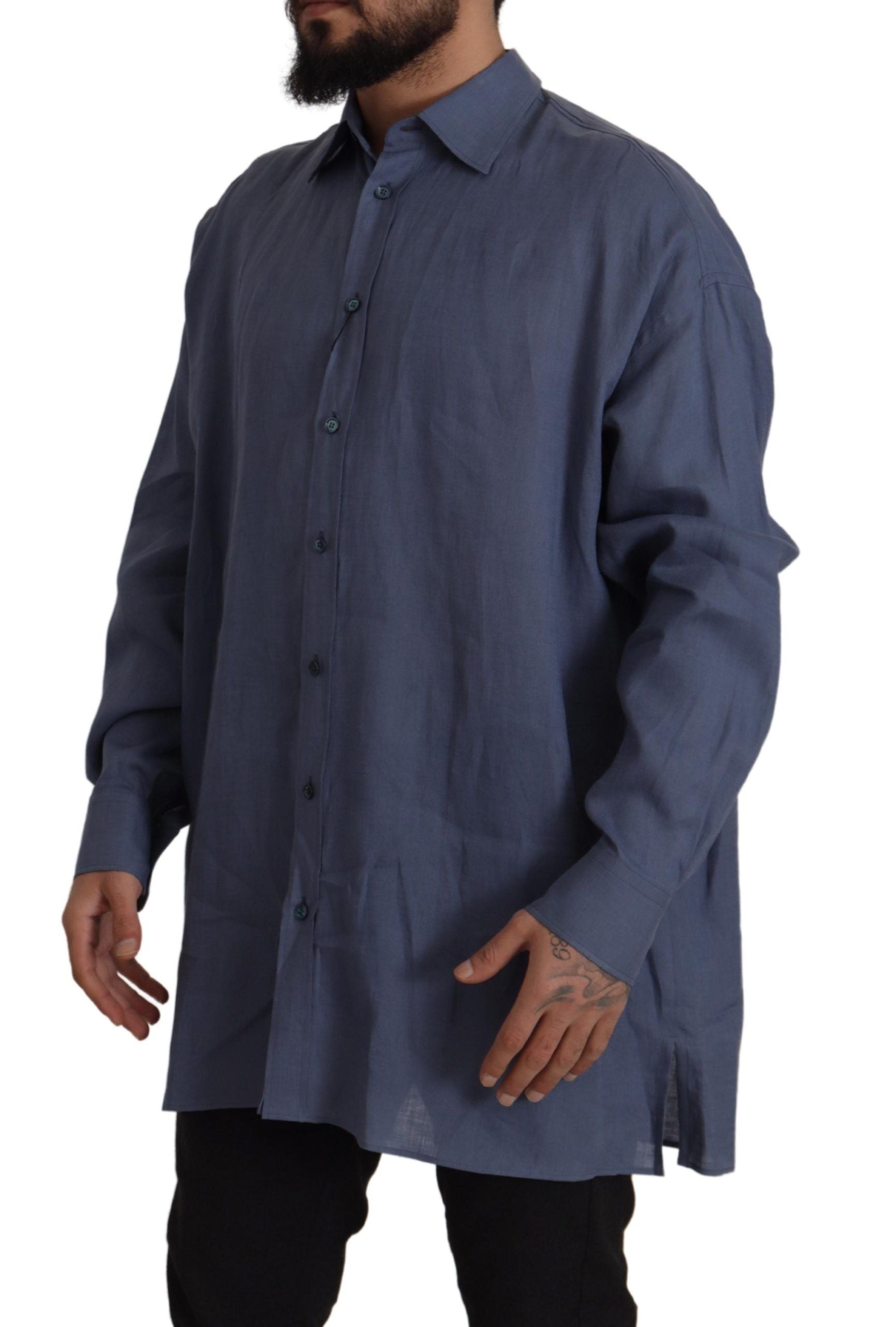 Dolce & Gabbana Dark Blue Linen Slim Fit Dress Formal Men Shirt | Regal Royce