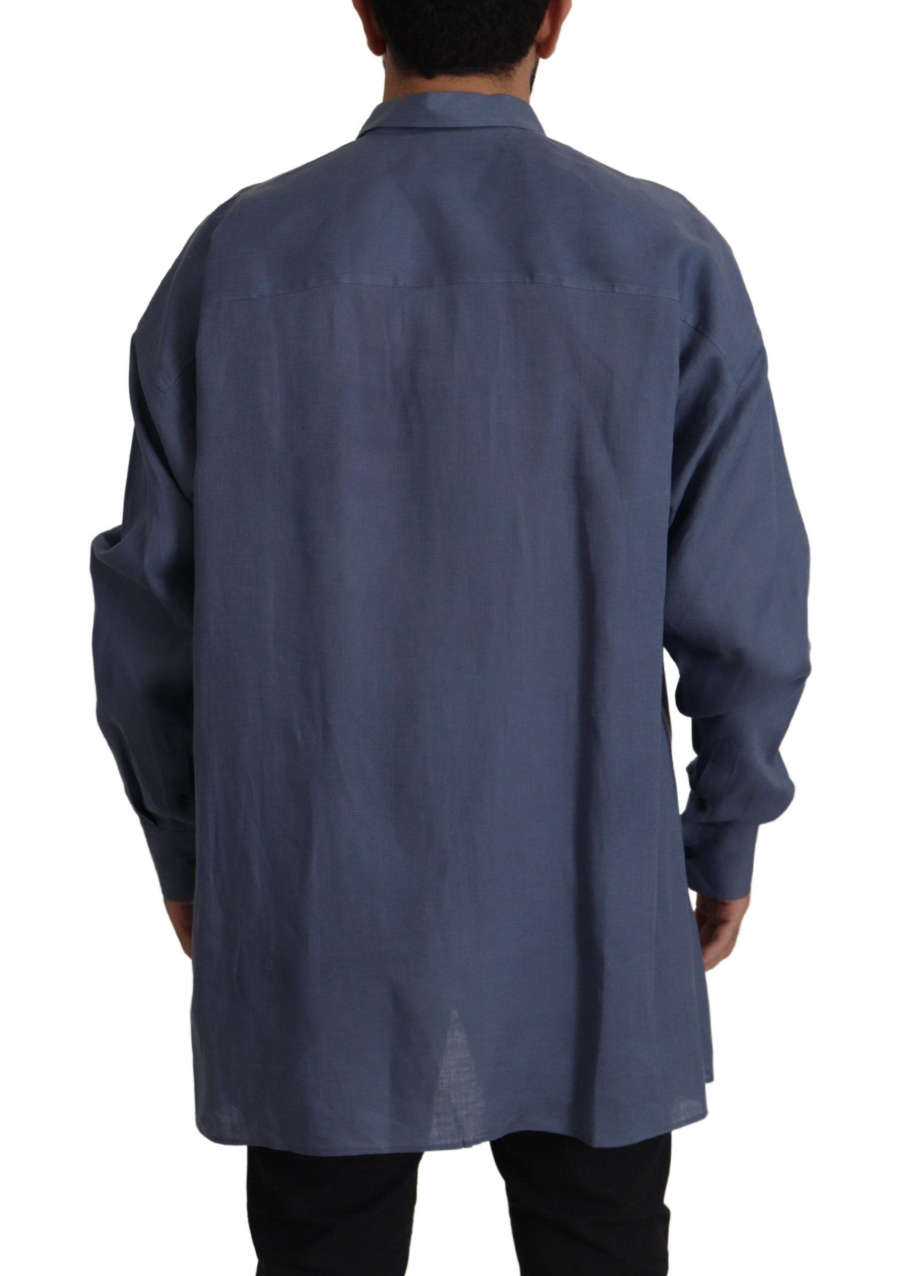 Dolce & Gabbana Dark Blue Linen Slim Fit Dress Formal Men Shirt | Regal Royce