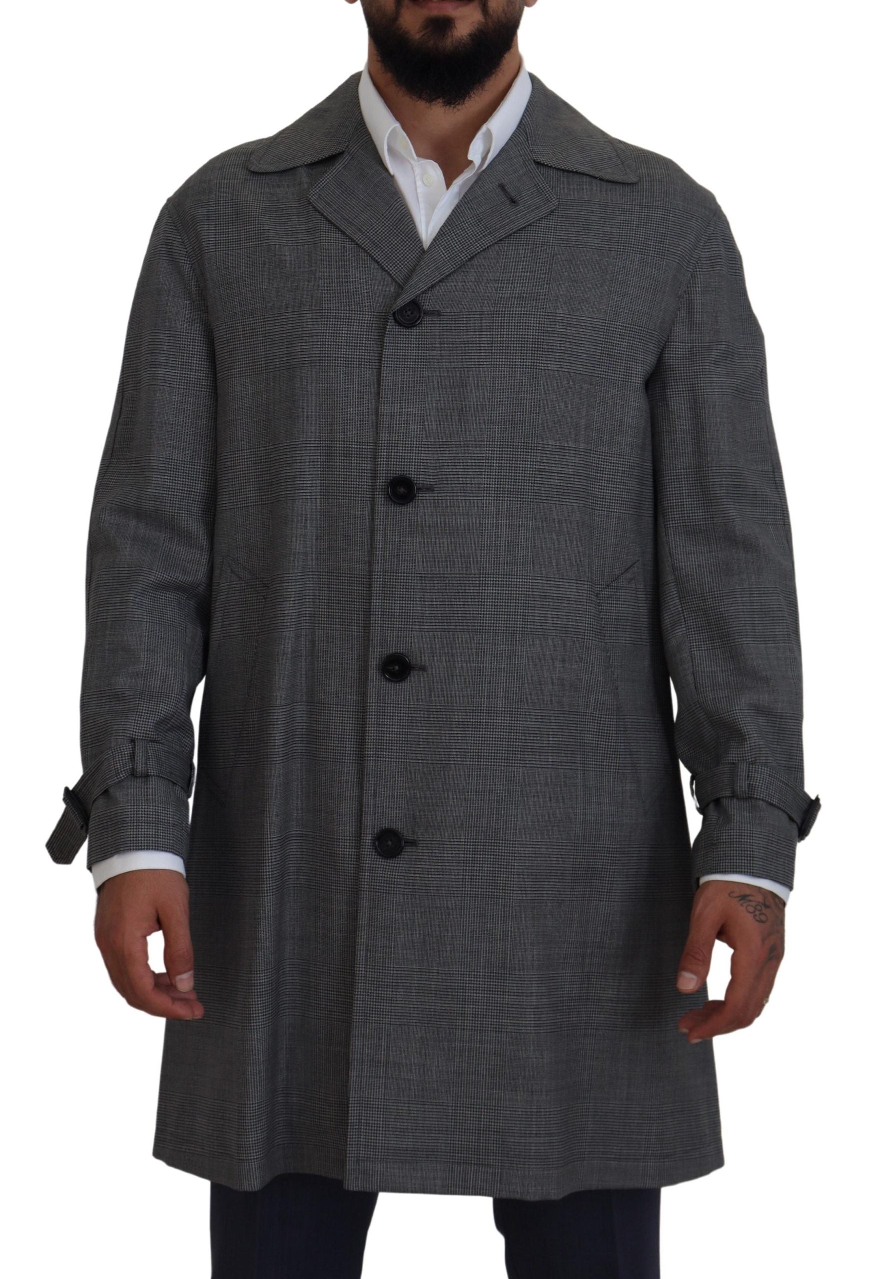 Dolce & Gabbana Gray Wool Plaid Long Trench Coat Jacket Trench Coat Jacket | Regal Royce
