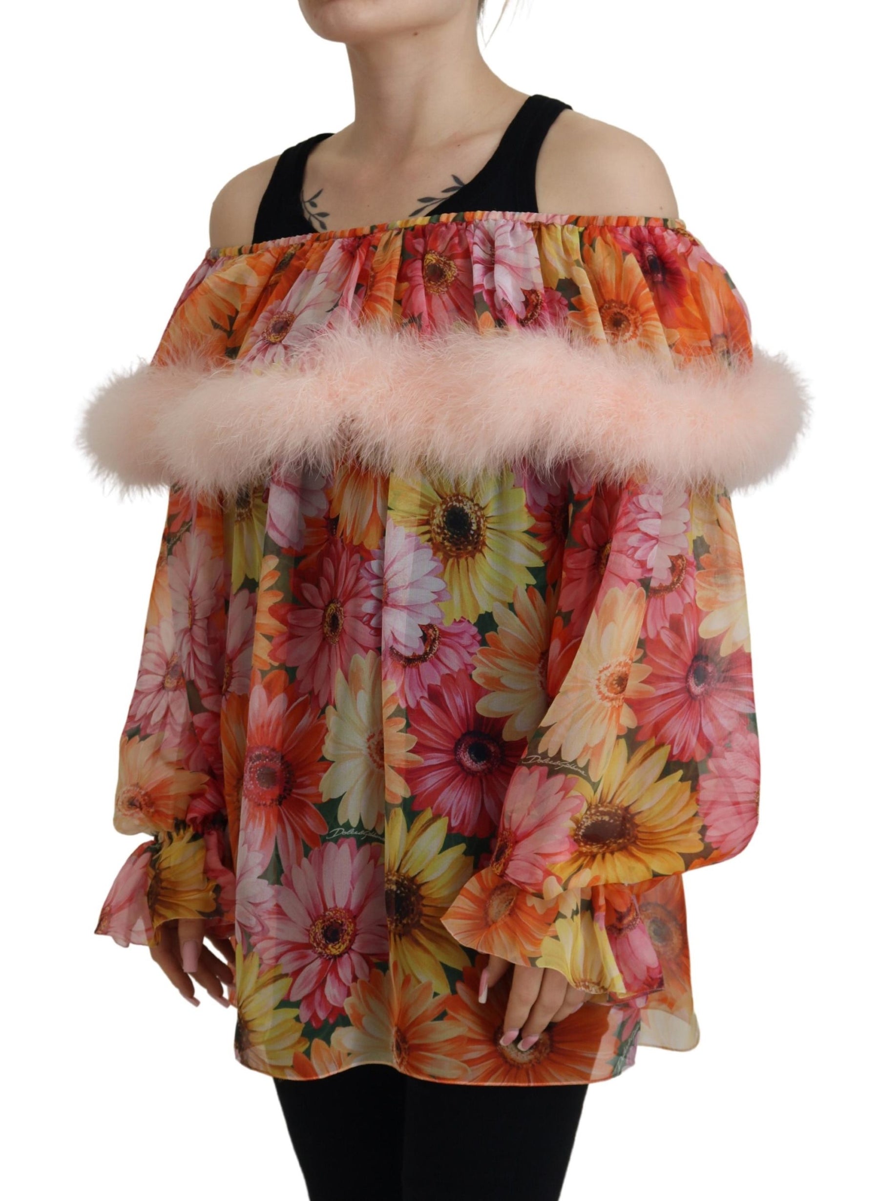 Dolce & Gabbana Multicolor Floral Fur Shearling Blouse Top | Regal Royce
