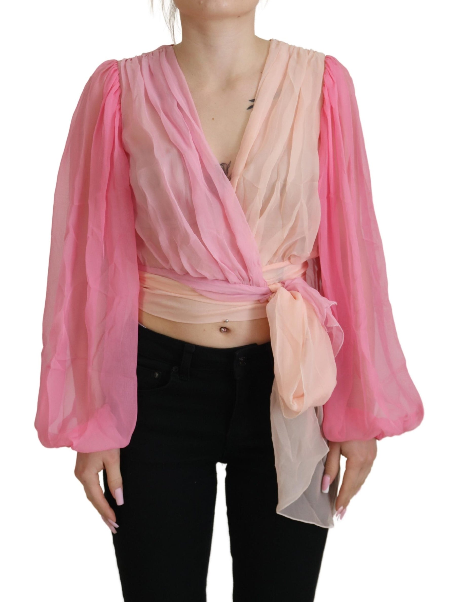 Dolce & Gabbana Pink Silk Wrap Long Sleeves Blouse Top | Regal Royce