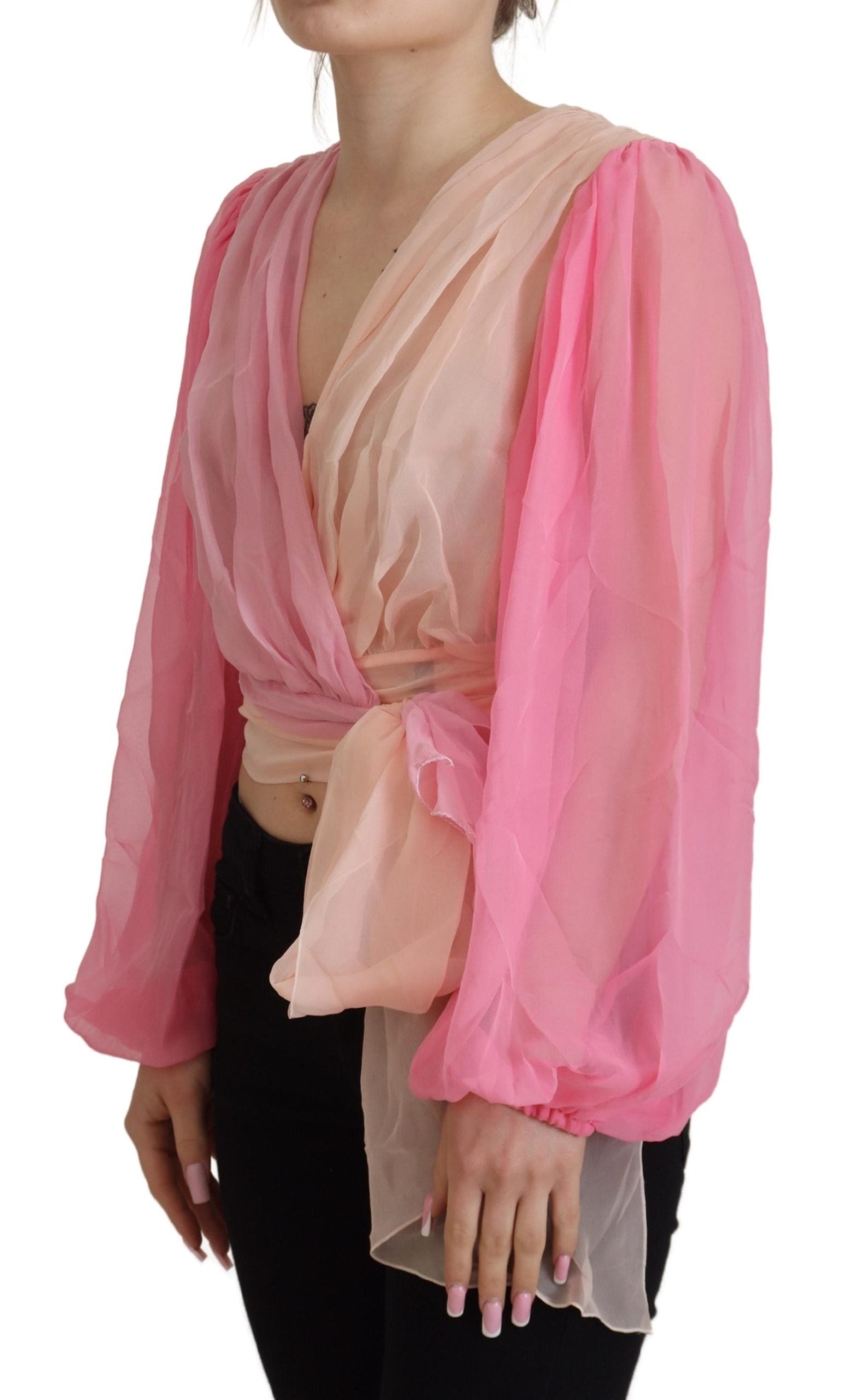 Dolce & Gabbana Pink Silk Wrap Long Sleeves Blouse Top | Regal Royce
