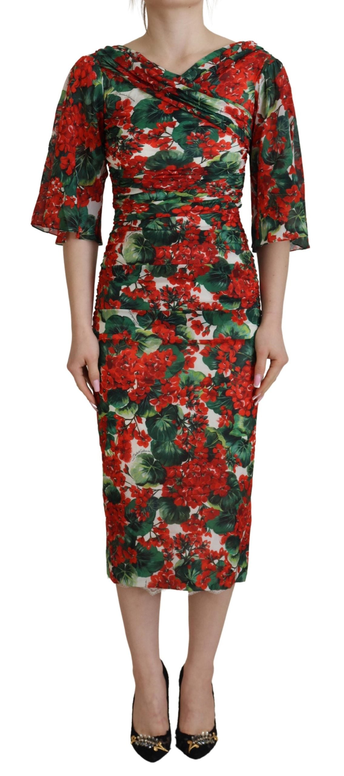 Dolce & Gabbana Multicolor Geranium Silk Sheath Midi Dress | Regal Royce