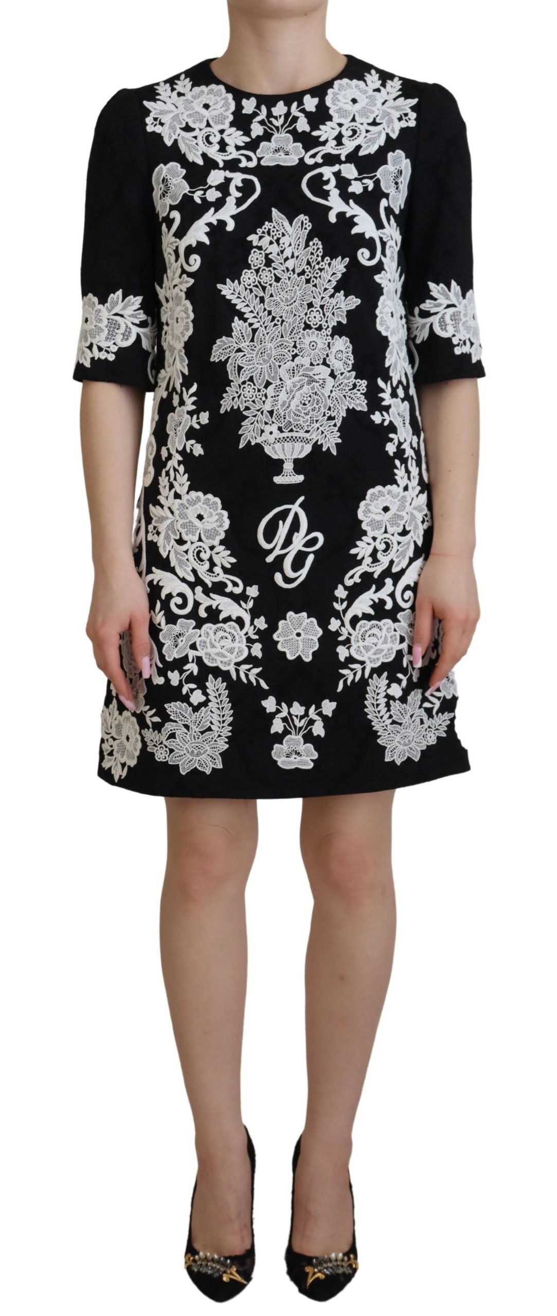 Dolce & Gabbana Black Lace Trim Half Sleeves A-line Dress | Regal Royce
